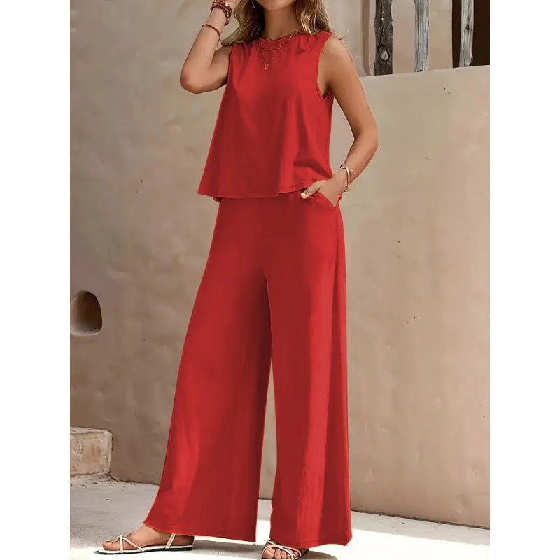 2025 Amazon Europe & America Cross-Border Bestseller Solid Color Elegant Two-Piece Set: Round Neck Vest and Wide-Leg Pants Women's Clothing