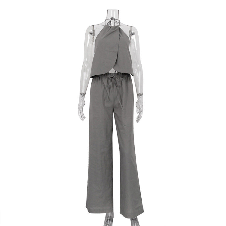 2026 European and American Summer New Sexy Two-Piece Set: Halter Neck Vest, Sleeveless Top, and Wide-Leg Pants Set