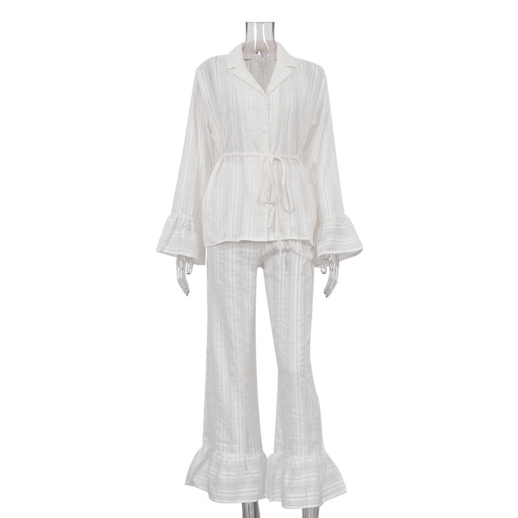 Russian New Style Ruffled Tie-Waist Two-Piece Set, Cotton Lapel Long-Sleeved Casual Lace Suit for Women