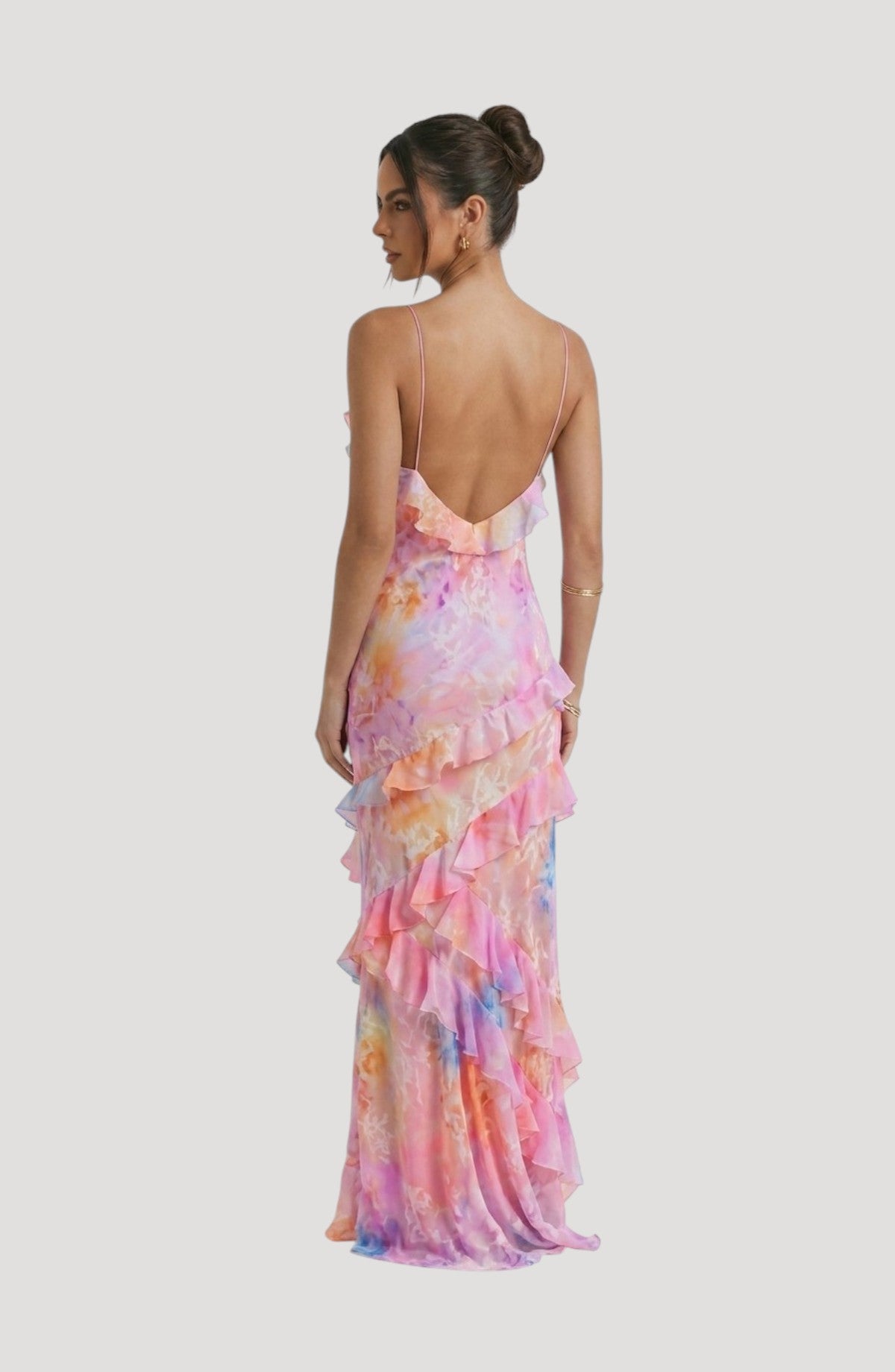 LORVENES multicolor tie-dye satin maxi dress with ruffled tiers and spaghetti straps, back view.