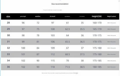 Size recommendation chart for pants with measurements and weight ranges.