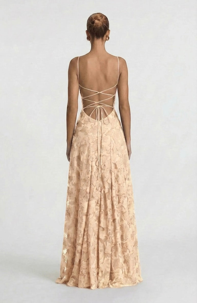 LORVENES sexy flowy bridal dress with delicate fabric and elegant design, perfect for a romantic wedding look.