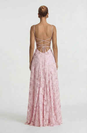 Elegant flowy bridal dress by LORVENES featuring a soft, flowing fabric and intricate details for a romantic wedding look.