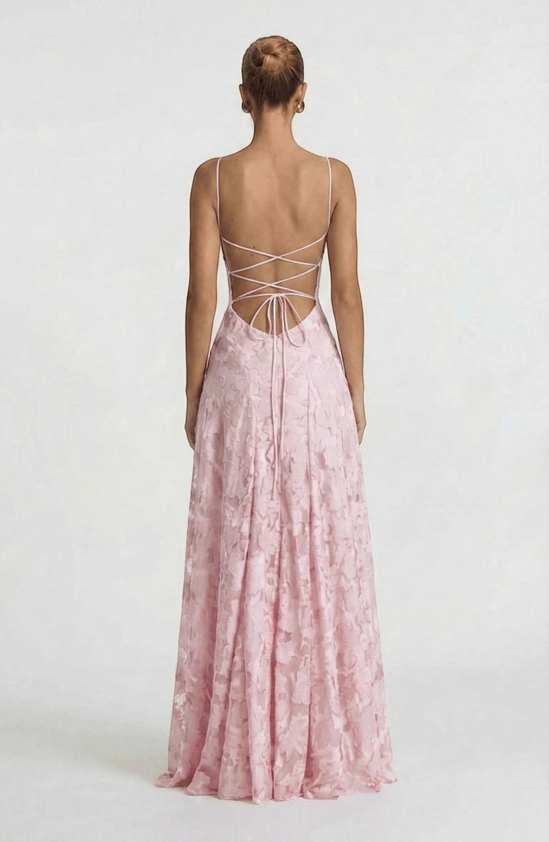 Elegant flowy bridal dress by LORVENES featuring a soft, flowing fabric and intricate details for a romantic wedding look.