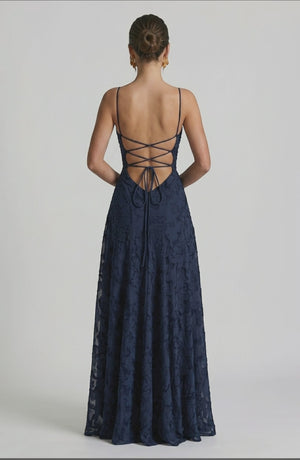 LORVENES sexy flowy bridal dress back view, elegant wedding gown with flowing fabric and detailed back design.