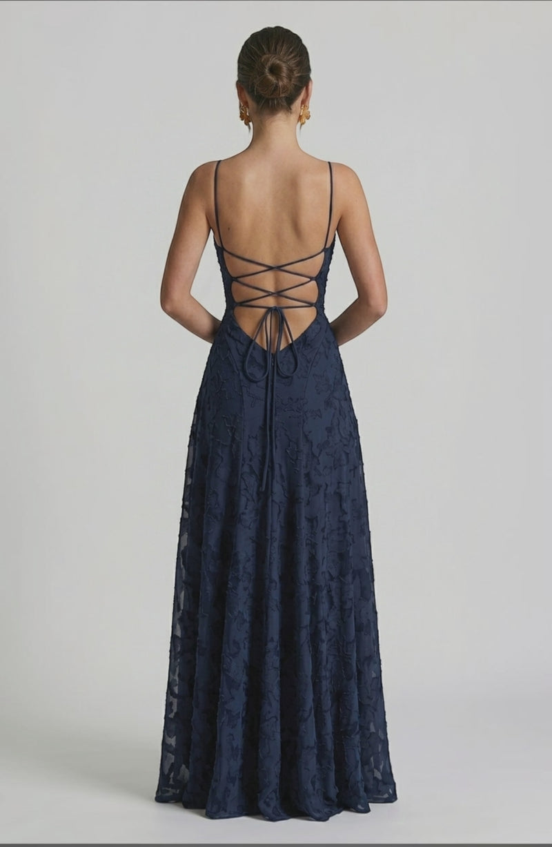 LORVENES sexy flowy bridal dress back view, elegant wedding gown with flowing fabric and detailed back design.
