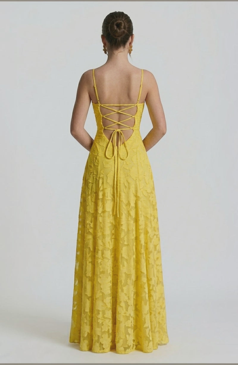 Back view of LORVENES sexy flowy bridal dress with a flowing silhouette and elegant design, perfect for a wedding or special occasion.