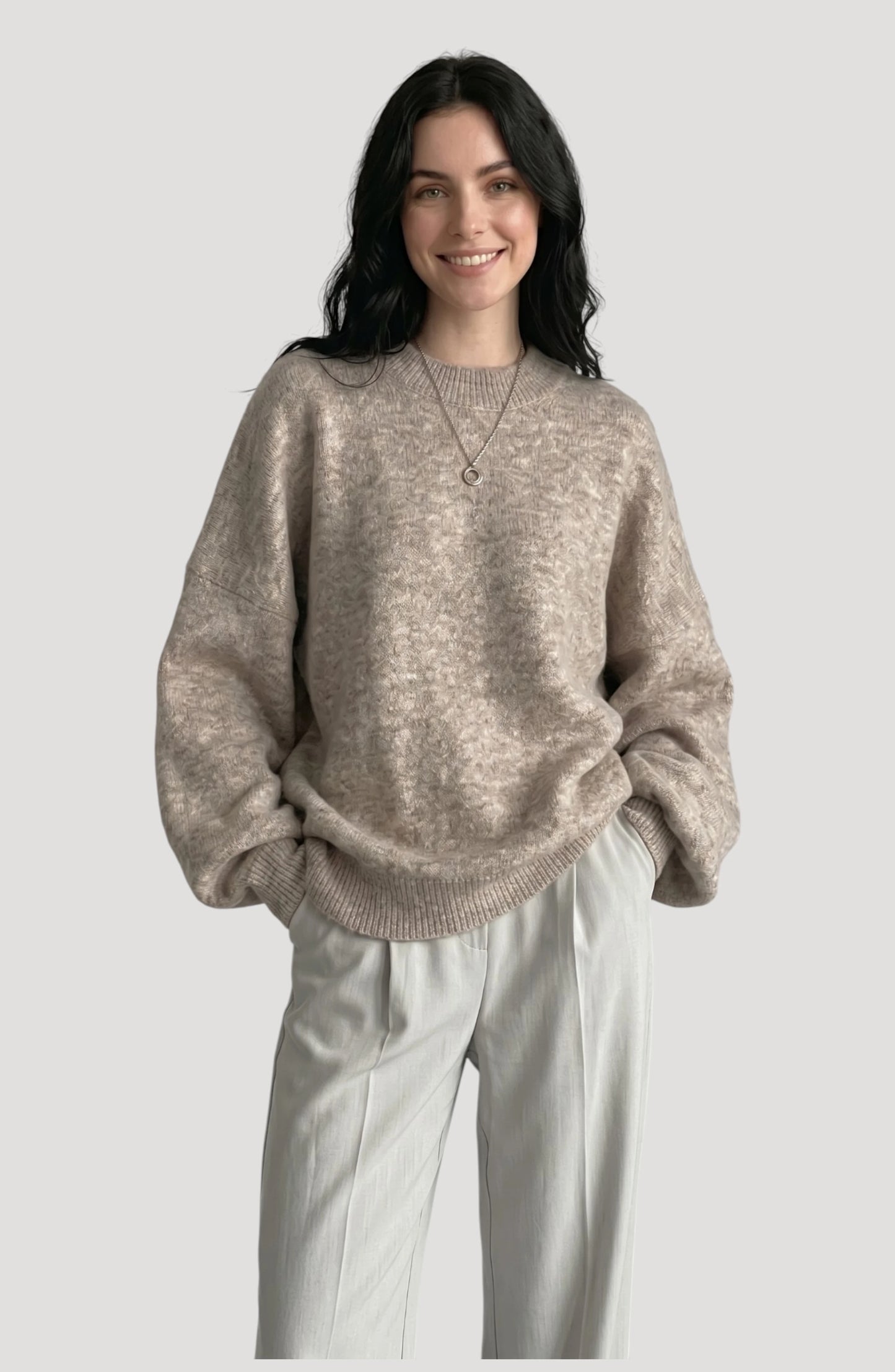 LORVENE cropped rib pullover displayed in a top-left pose, featuring a close-up view of the textured knit fabric and fitted style.