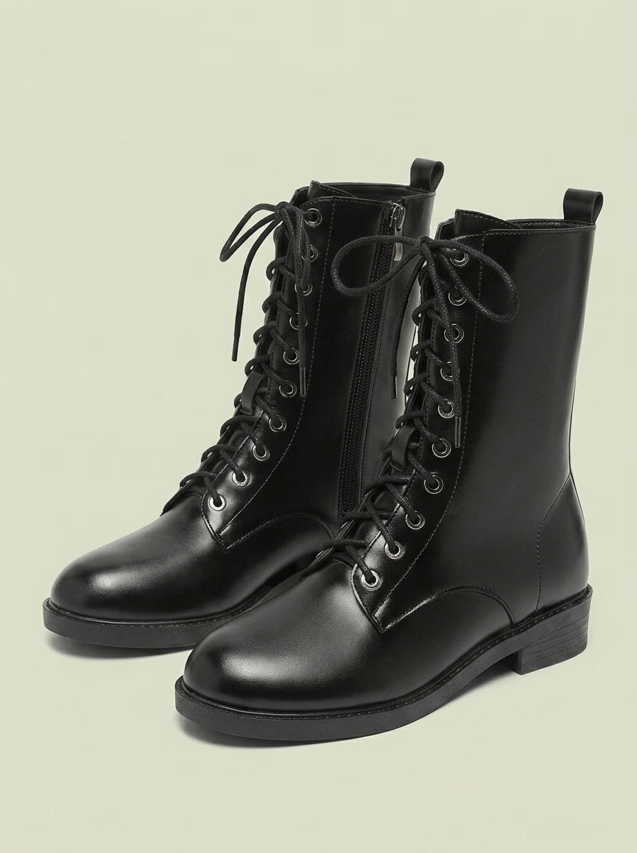 LORVENES classic military boots in dark brown leather with sturdy laces and rugged soles, designed for durability and style.