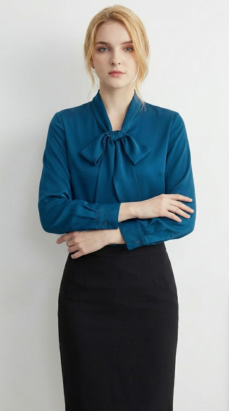 LORVENE double pocket shirt with button-down front, shown hanging on a wooden hanger, featuring a classic collar and long sleeves.