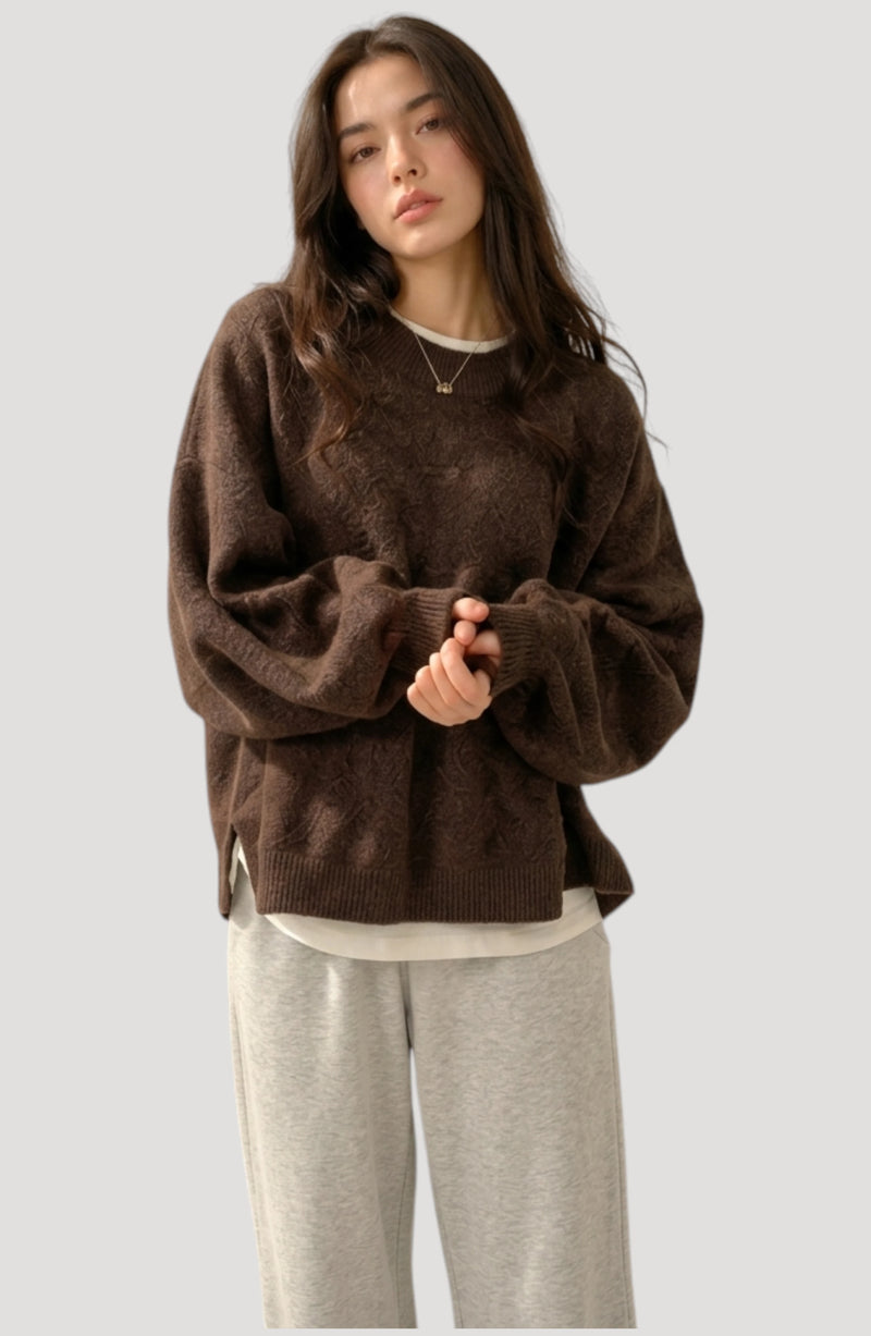 LORVENES Everyday Oversized Sweater in soft knit fabric, shown in a bottom-left pose, featuring a relaxed fit and cozy design.