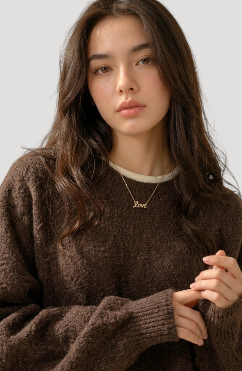 LORVENES Everyday oversized sweater in neutral color, featuring a relaxed fit and soft knit fabric, shown from bottom and side angles.