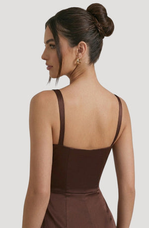 LORVENE Pearl Tulle Maxi dress shown from the bottom right, featuring delicate tulle fabric and pearl embellishments.