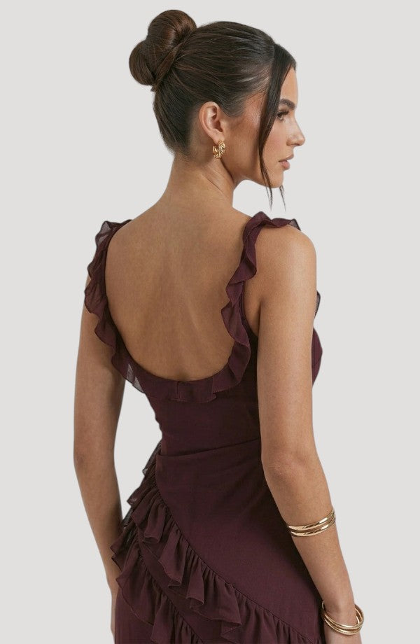 LORVENE Midnight Petal Maxi dress showing the flowing fabric and floral design in a close-up shot.