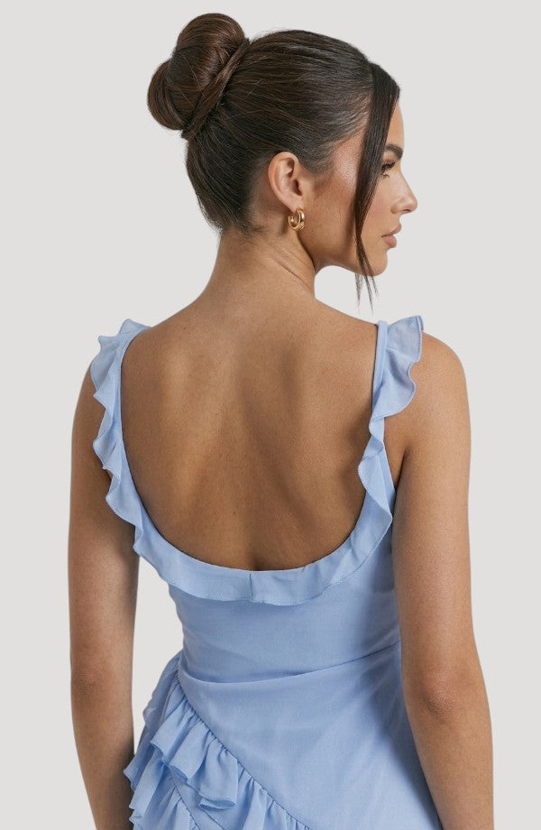 LORVENE Midnight Petal Maxi dress with floral pattern, flowing fabric, and elegant design, shown from the bottom right angle.