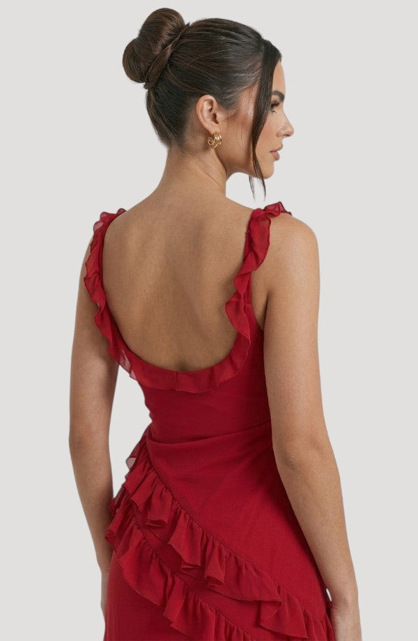 LORVENE Midnight Petal Maxi dress with flowing fabric and floral pattern, shown from the bottom right angle.