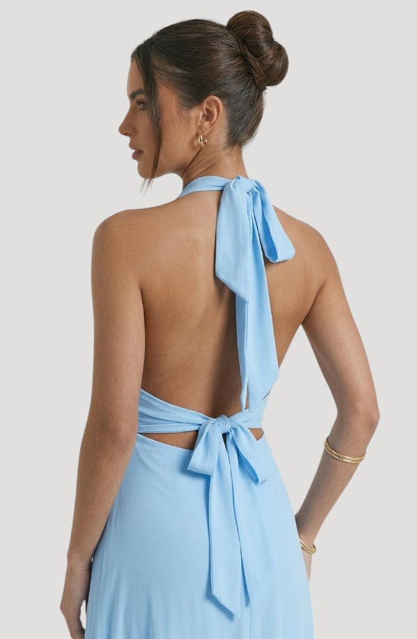 LORVENE Luxe Draped Dress shown from the bottom right angle, featuring elegant fabric draping and a stylish silhouette.