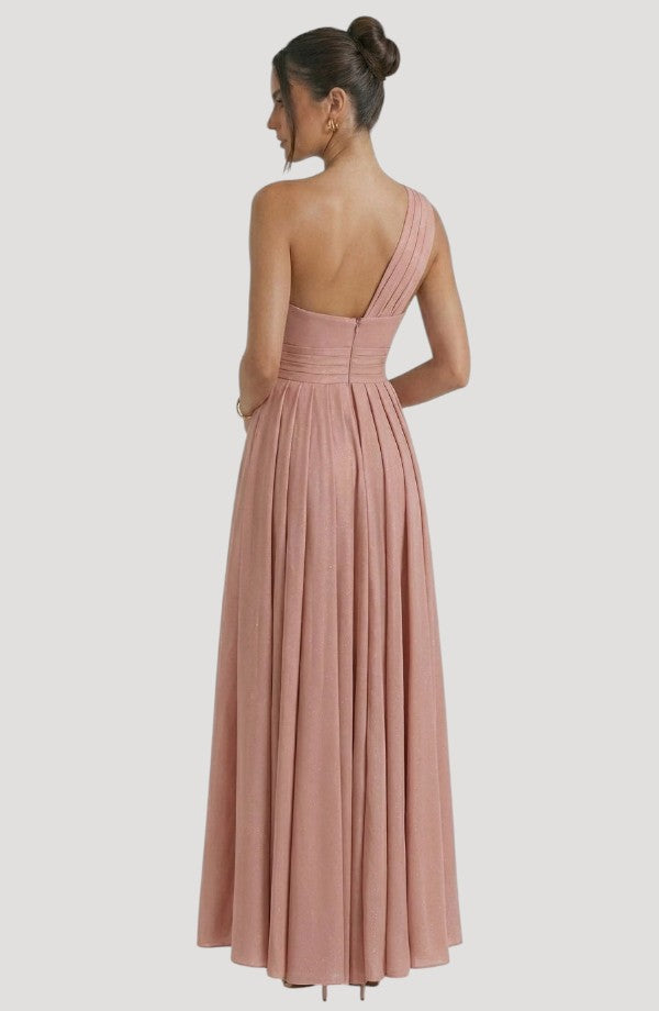 LORVENE crystal wrap dress featuring flowing fabric and sparkling embellishments, perfect for elegant occasions.