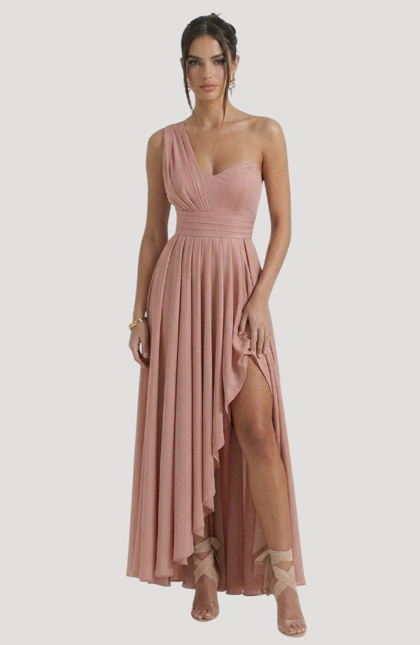 LORVENE crystal wrap dress with elegant flowing fabric and intricate crystal detailing, perfect for formal occasions.