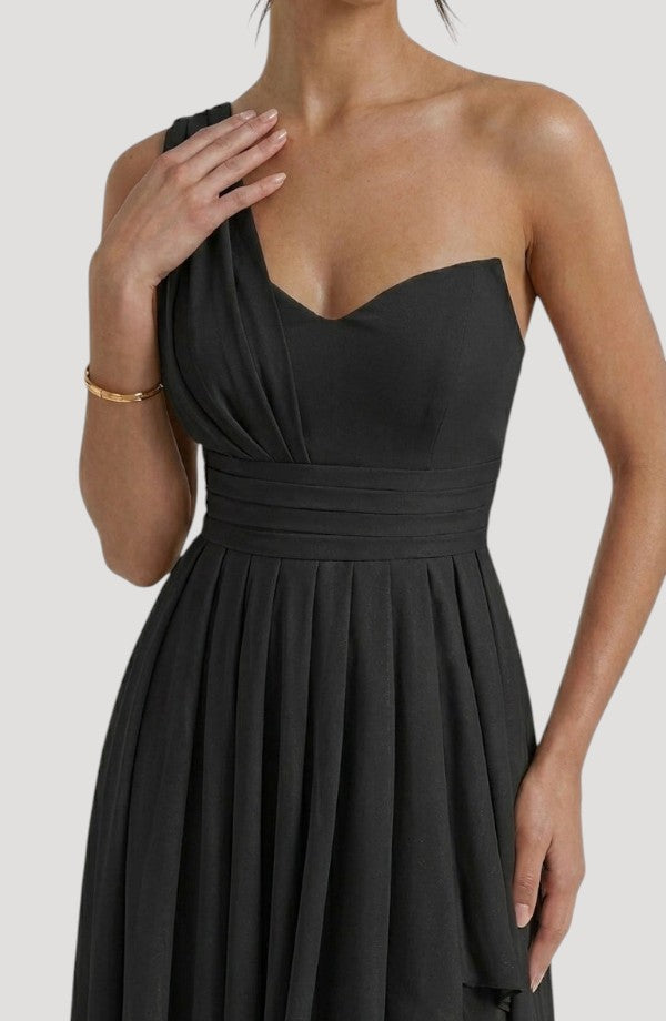 LORVENE Crystal Wrap Dress featuring elegant crystal embellishments, long sleeves, and a flowing silhouette for a sophisticated look.
