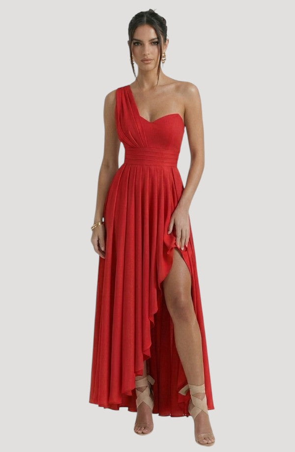 LORVENE crystal wrap dress featuring sheer fabric and elegant crystal embellishments, displayed on a mannequin.