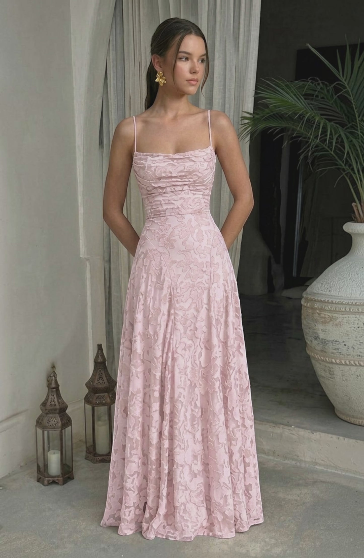 Flowy bridal dress by LORVENES featuring soft, elegant fabric and a flowing silhouette, perfect for wedding ceremonies and photo sessions.