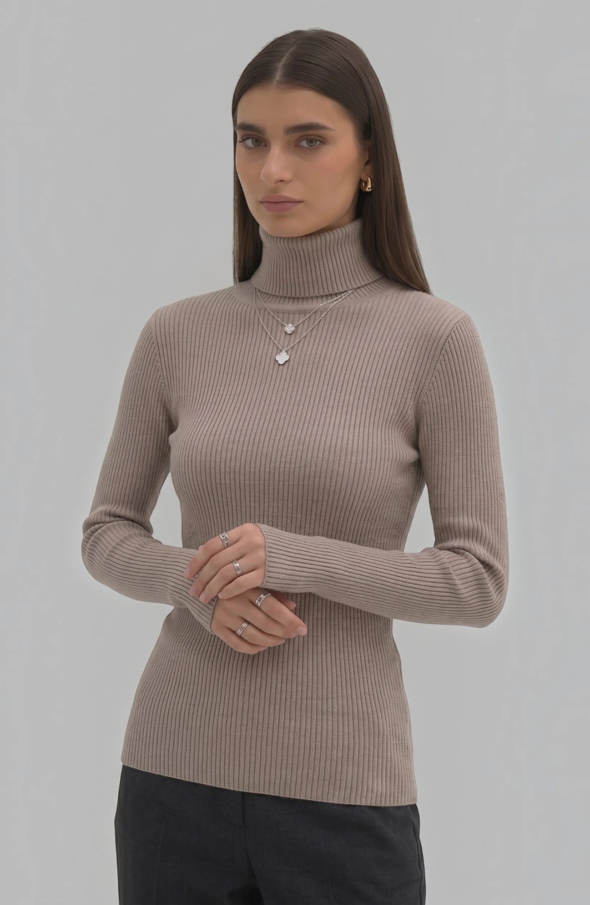LORVENE Pure Soft Polyester High Neck in neutral color, close-up of fabric and high neckline detail