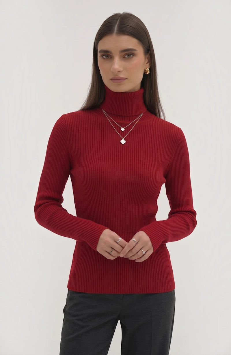 LORVENE pure soft polyester high neck top in neutral color, close-up of fabric and neckline detail.