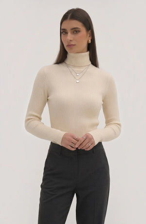 LORVENE Pure Soft Polyester High Neck in neutral color, close-up of fabric and high neckline detail.