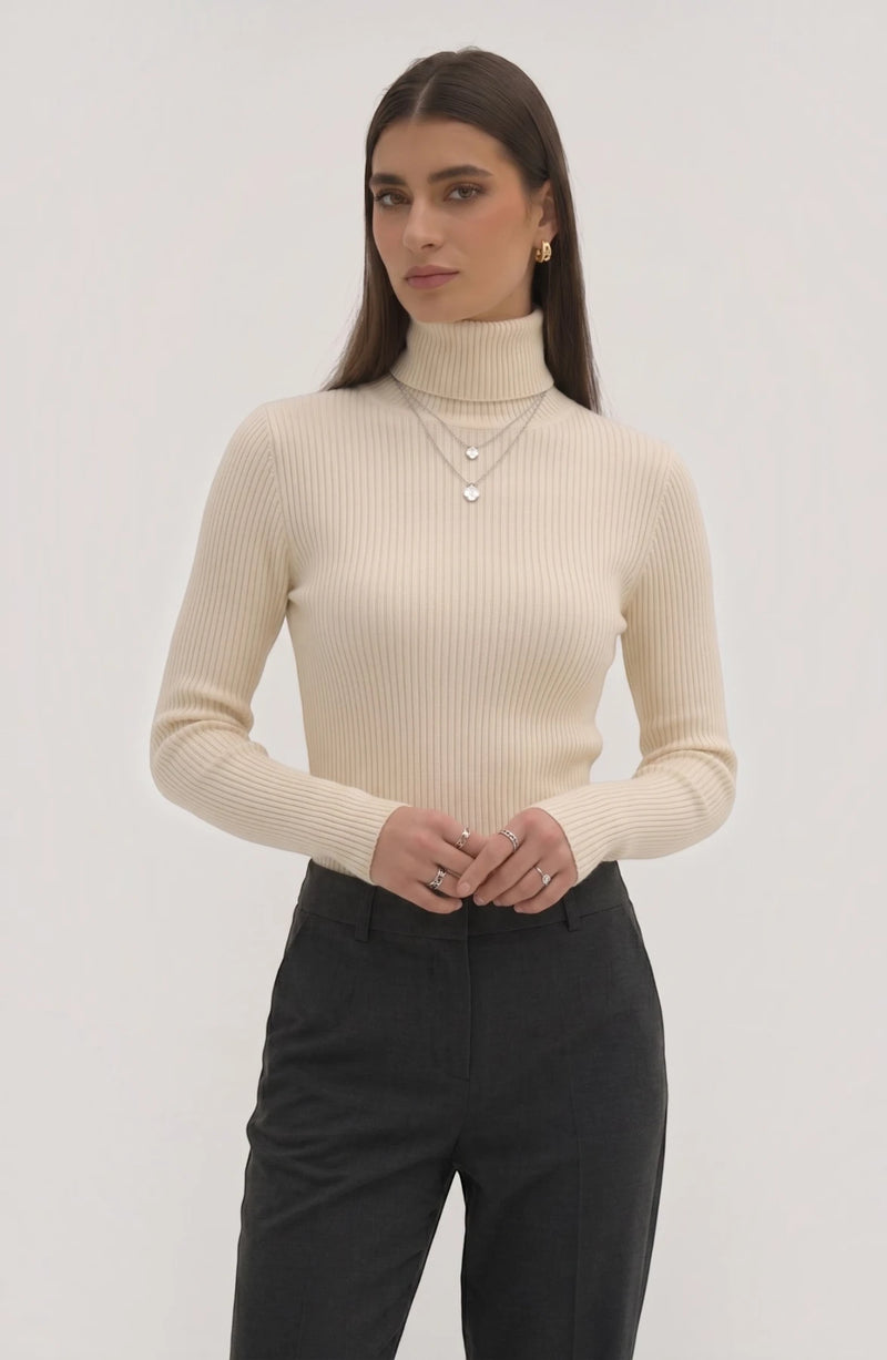 LORVENE Pure Soft Polyester High Neck in neutral color, close-up of fabric and high neckline detail.