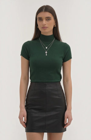 LORVENE Pure Poly Blend High Neck top in black, close-up image showing fabric texture and high neckline design.