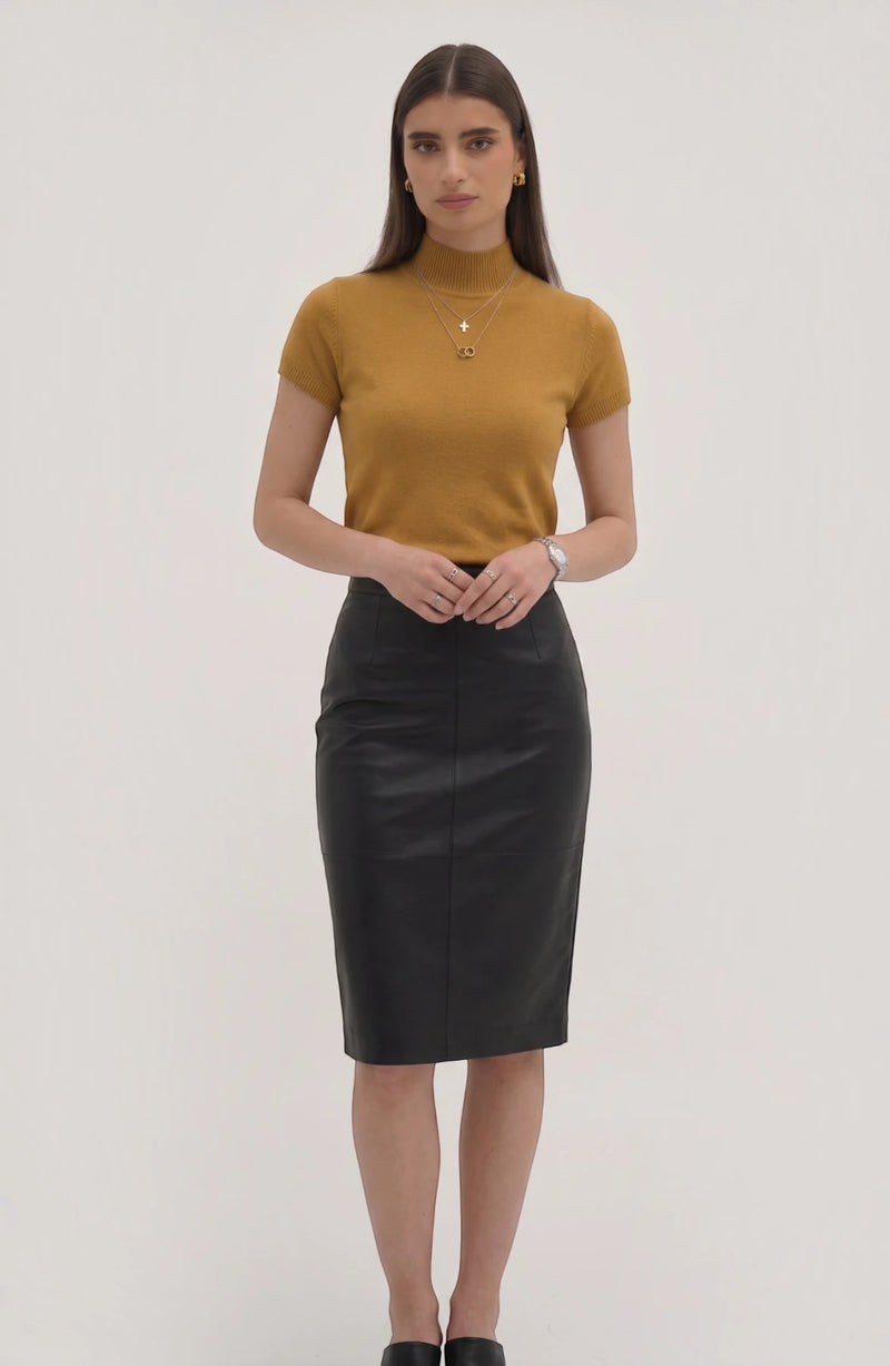 LORVENE Pure Poly Blend High Neck sweater in neutral color, featuring a close-up of the collar and fabric texture.