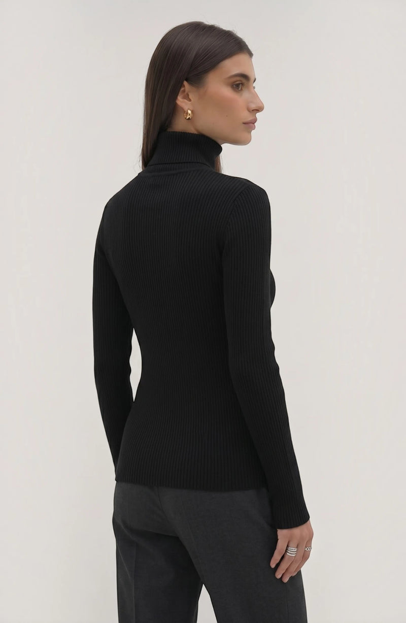 LORVENE Pure Soft Polyester High Neck top in black, showcasing its smooth fabric and high neckline design.