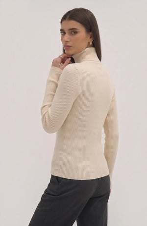 LORVENE pure soft polyester high neck top in black, featuring a smooth fabric and fitted design, shown on a model.