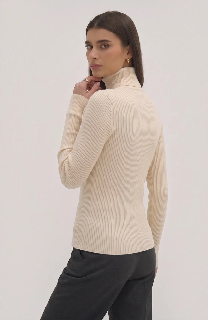 LORVENE pure soft polyester high neck top in black, featuring a smooth fabric and fitted design, shown on a model.