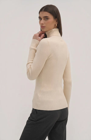 LORVENE pure soft polyester high neck top in light color, close-up of fabric and high neckline detail