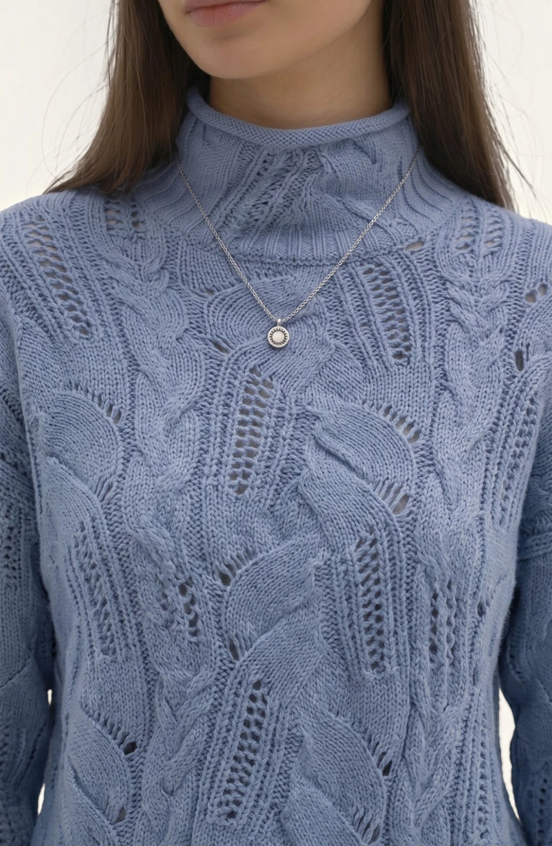 LORVENE lightweight high neck top in soft fabric, shown in a close-up image highlighting the neckline and fabric texture.