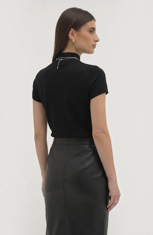 LORVENE pure poly blend high neck top, shown in black with a close-up view of the fabric and high neckline detail.