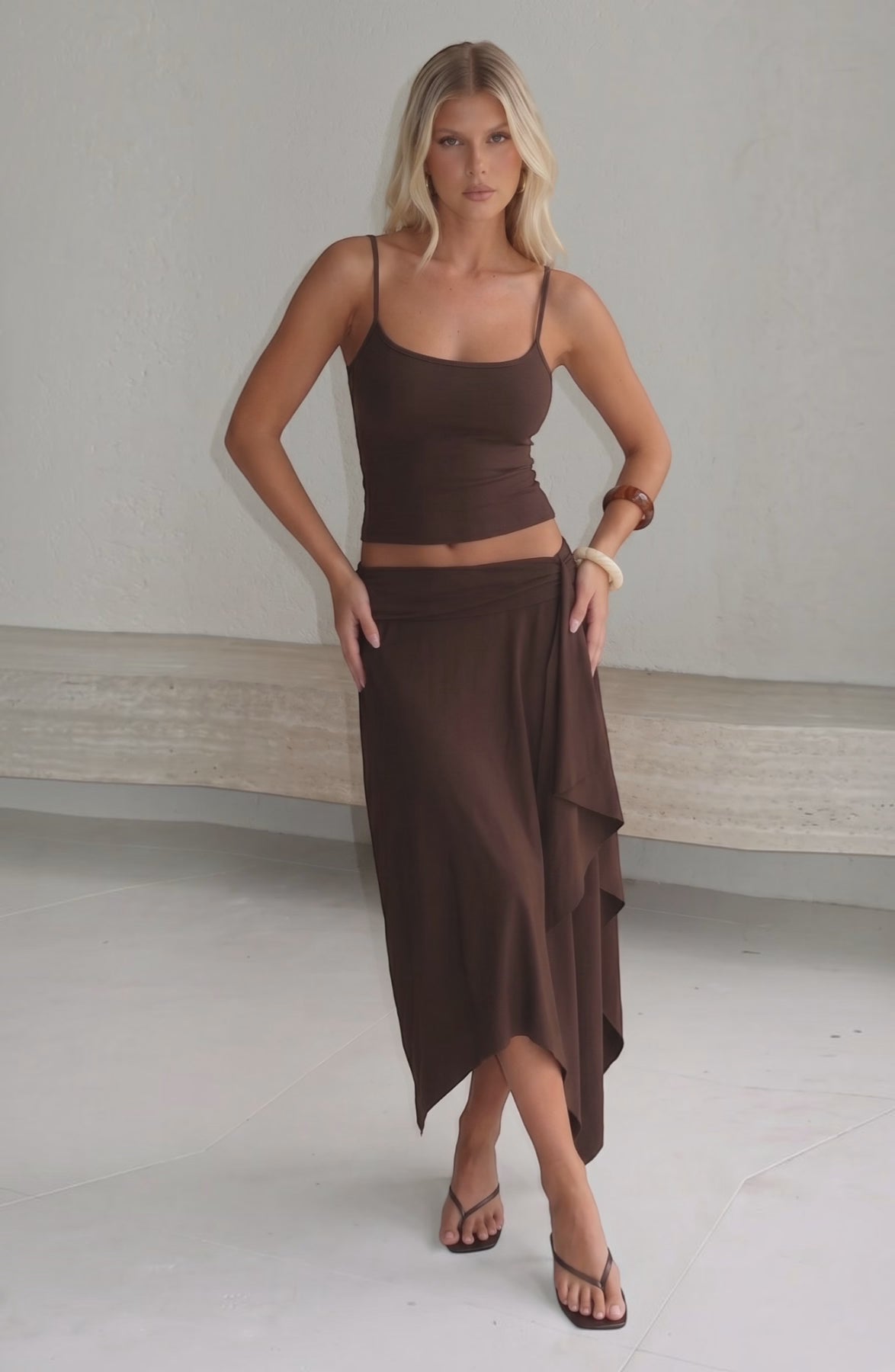LORVENES 2025 summer two-piece set with solid color camisole tank top and ruffled irregular skirt, stylish and trendy for women