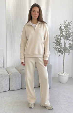 LORVENES cotton knit lounge set featuring a cozy long-sleeve top and matching relaxed pants in soft, breathable fabric.