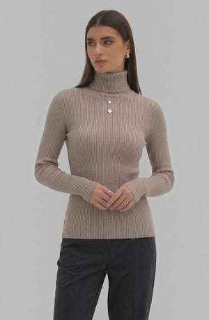 LORVENE Pure Soft Polyester High Neck top shown in a close-up image highlighting the smooth fabric and high neckline.