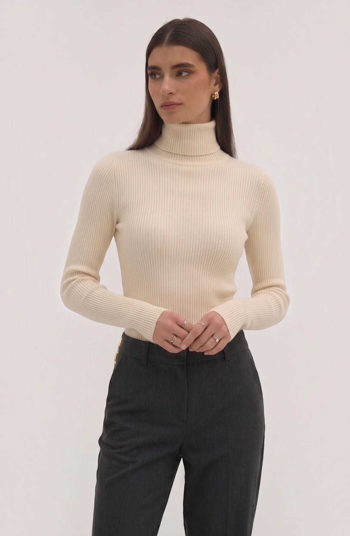 LORVENE pure soft polyester high neck top displayed on a hanger, showcasing its smooth fabric and fitted design.
