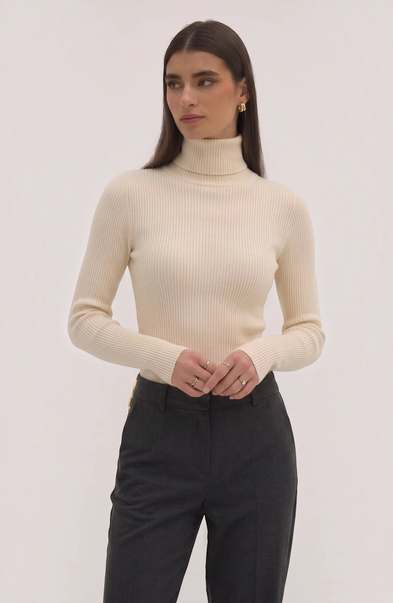 LORVENE pure soft polyester high neck top displayed on a hanger, showcasing its smooth fabric and fitted design.