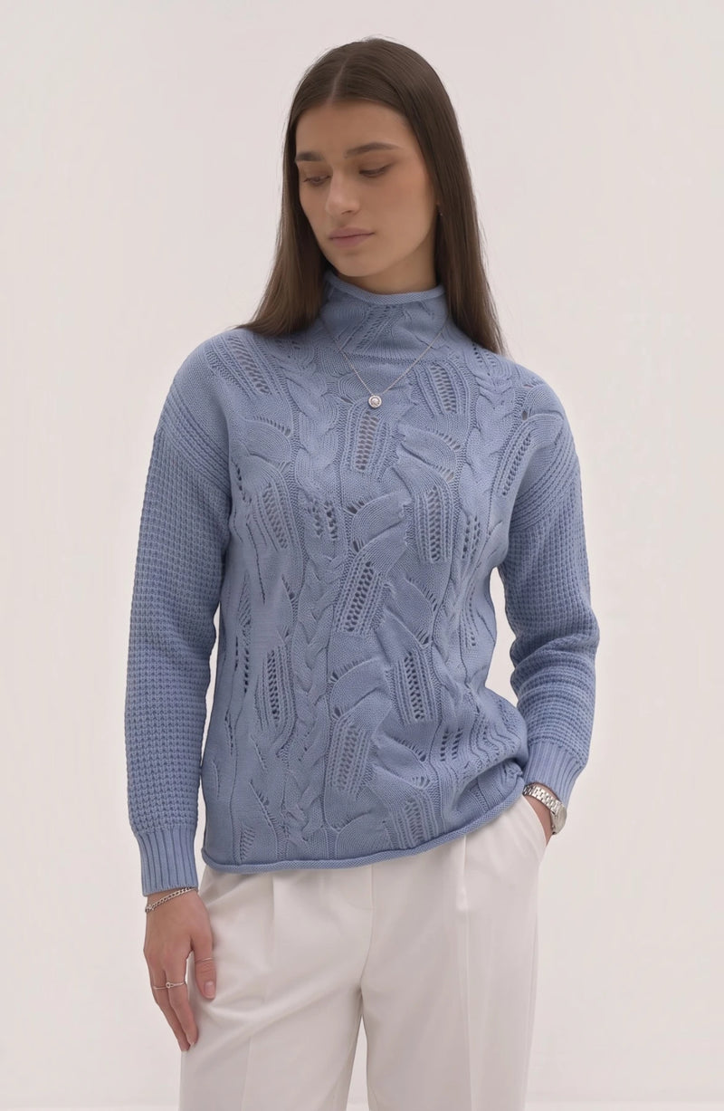 LORVENE lightweight high neck top in soft fabric, featuring a fitted design and high collar, displayed on a hanger.