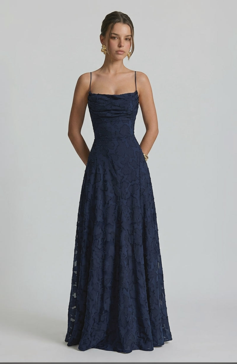 LORVENES sexy flowy bridal dress with elegant fabric and delicate details, shown from the top right view.