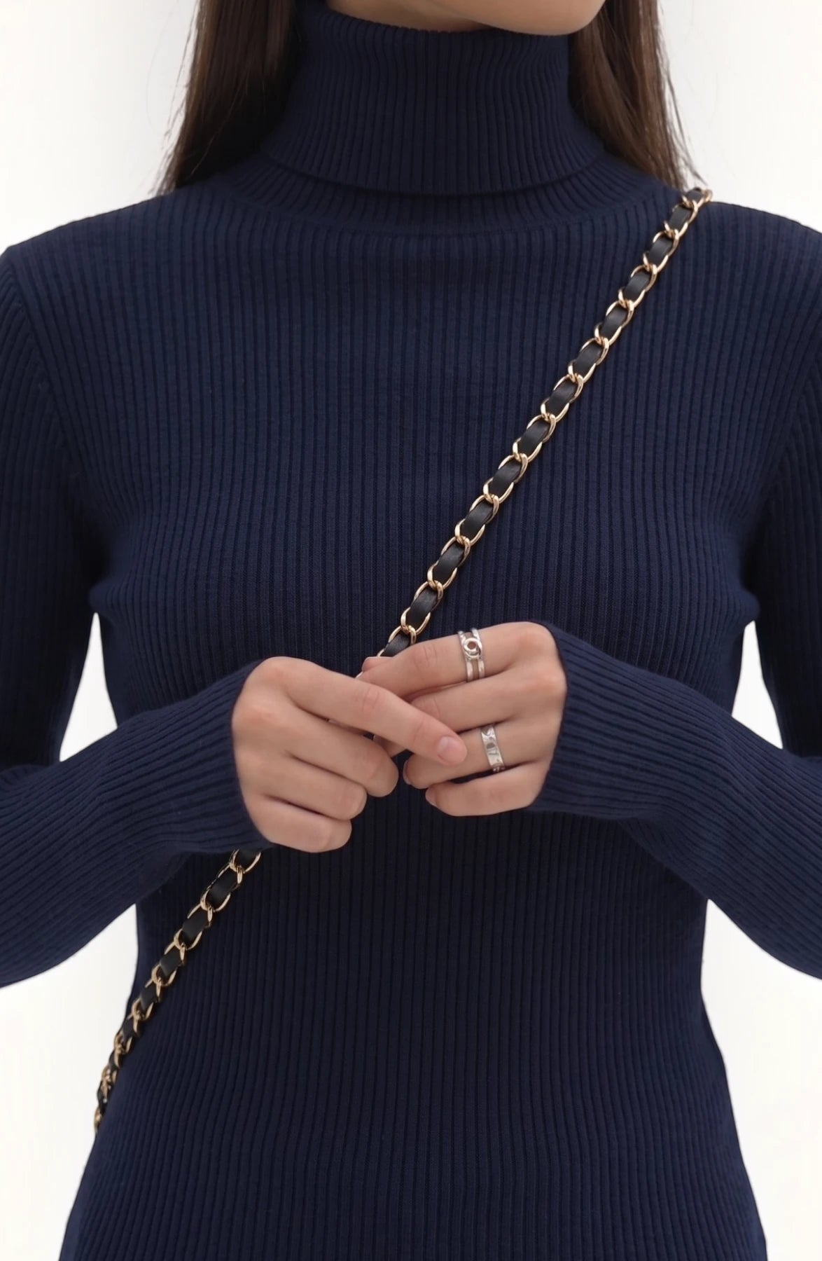 LORVENE Pure Soft Polyester High Neck top in neutral color, featuring a close-up of the high neckline and smooth fabric.