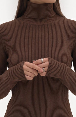 LORVENE pure soft polyester high neck top in light color, featuring a cozy high neckline and smooth fabric texture.