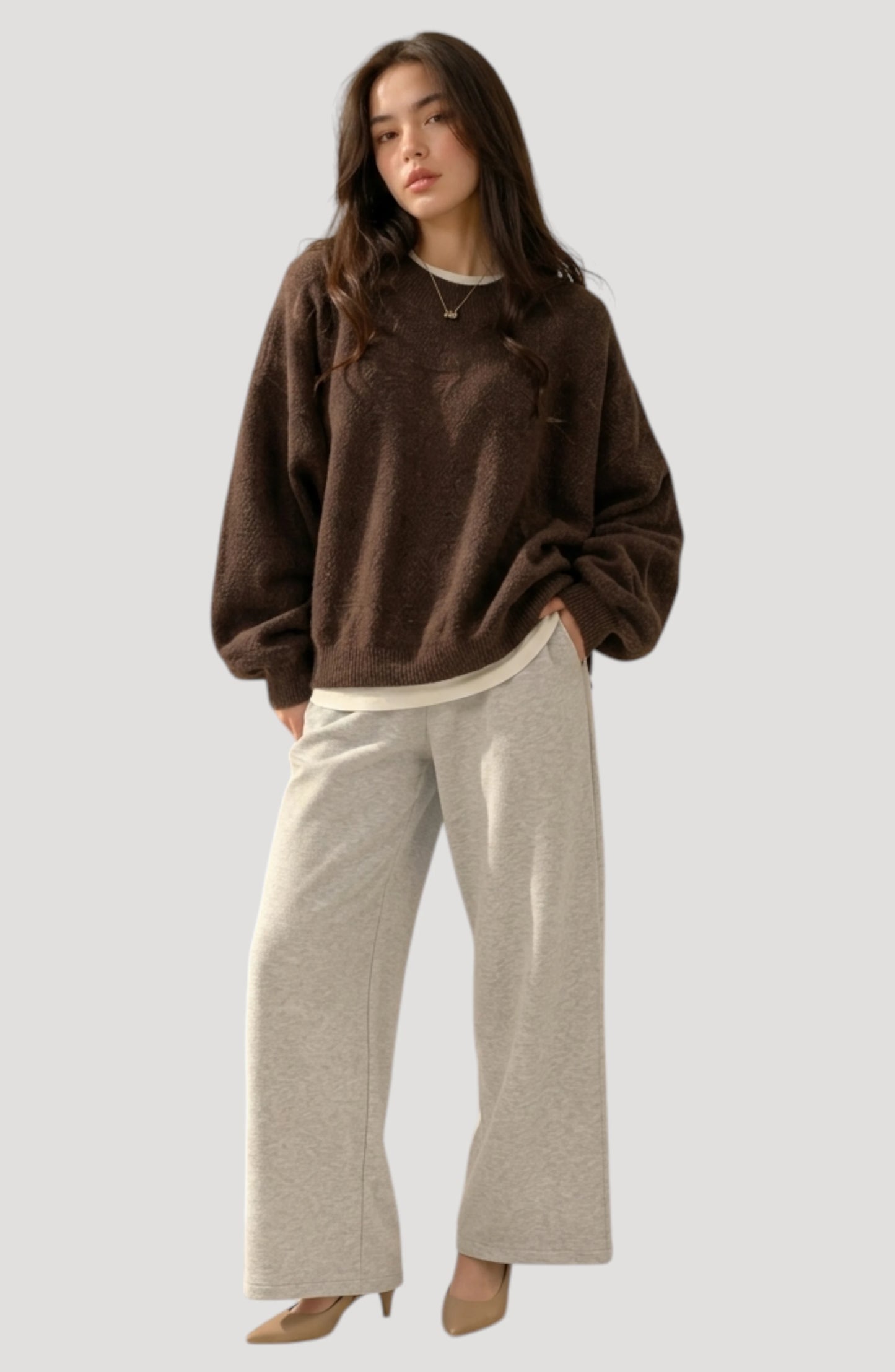 LORVENES Everyday Oversized Sweater in neutral color, featuring a cozy, relaxed fit and soft knit fabric.