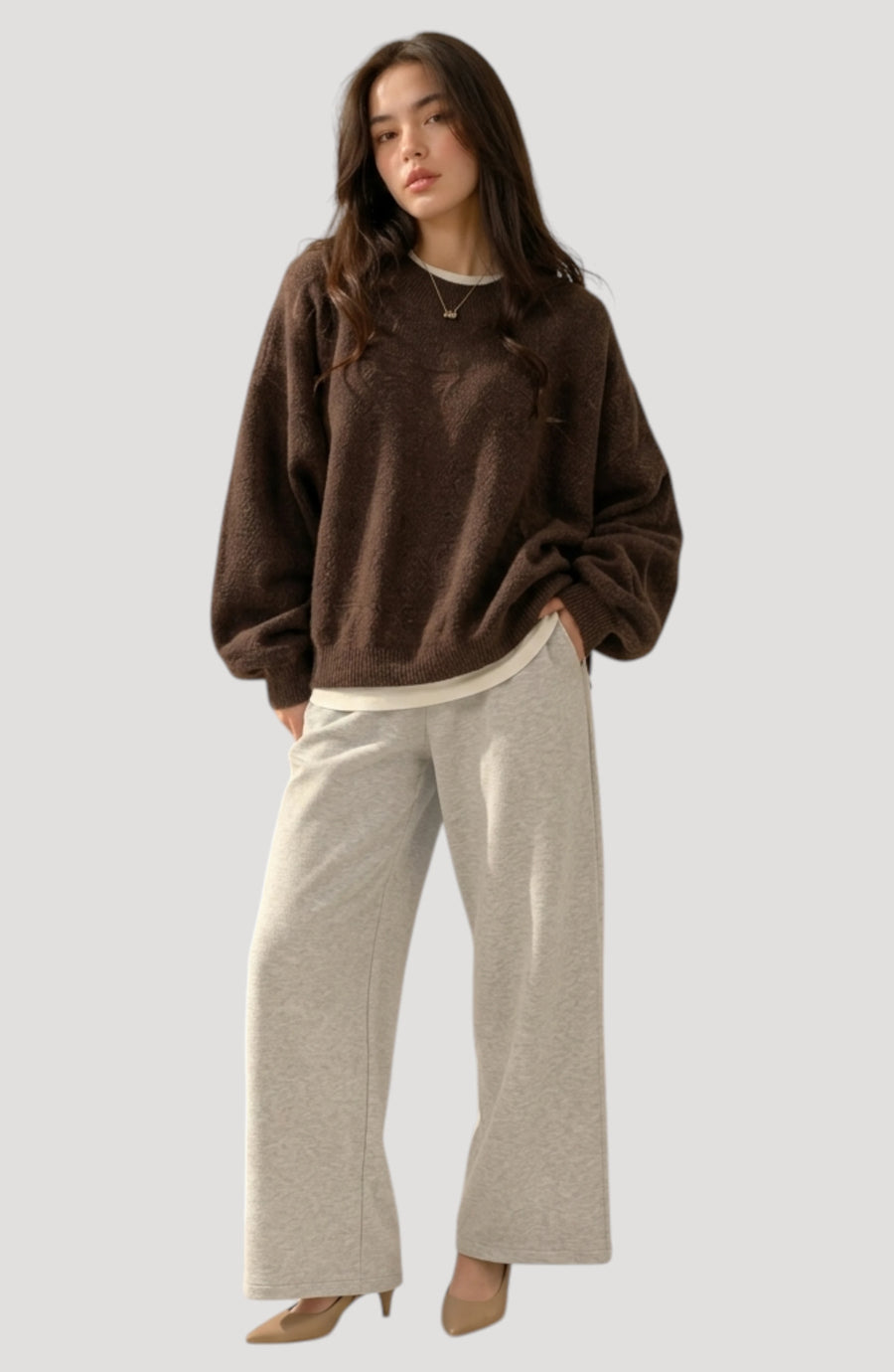 LORVENES Everyday Oversized Sweater in neutral color, featuring a cozy, relaxed fit and soft knit fabric.