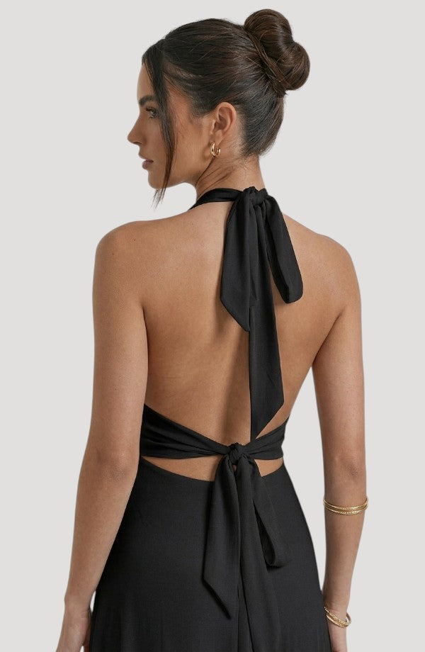 LORVENE Luxe Draped Dress in elegant fabric, showcasing a flowing silhouette and sophisticated draping style.